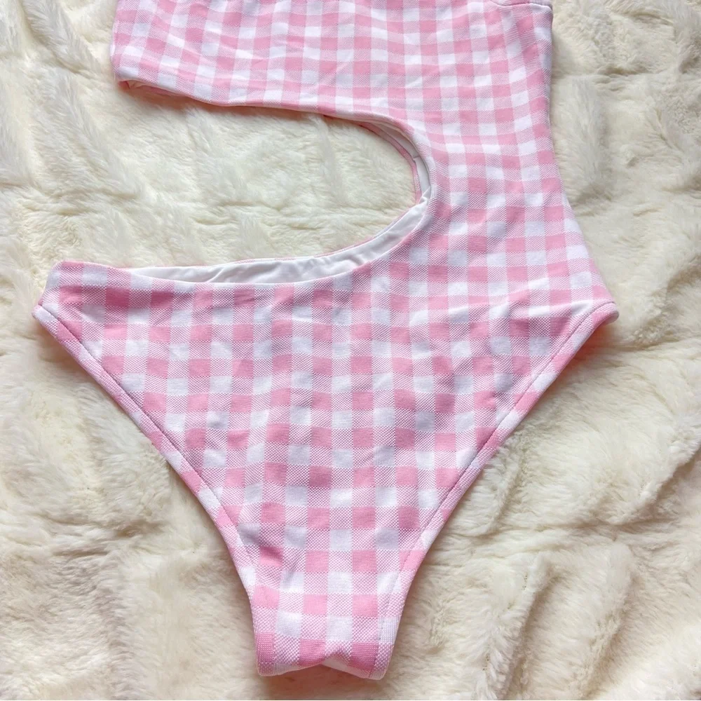 NWOT Frankie’s bikinis cash cutout one piece swimsuit gingham pink 12869